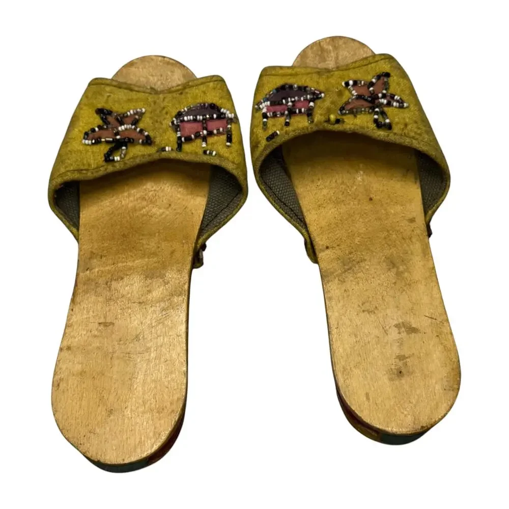 Vintage Wooden Slide Mules Beaded Vamp Folk Art Painted Sole Size 6 - Picture 6 of 9
